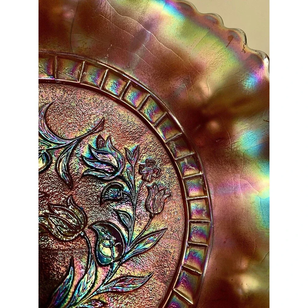 Antique Dugan Amethyst Windflower Iridescent Carnival Glass Ruffled Bowl 8